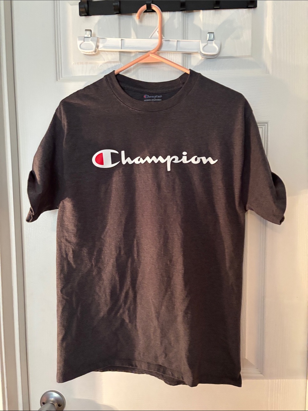 Champion Grey Short-Sleeve Tee with White Script and Red Logo